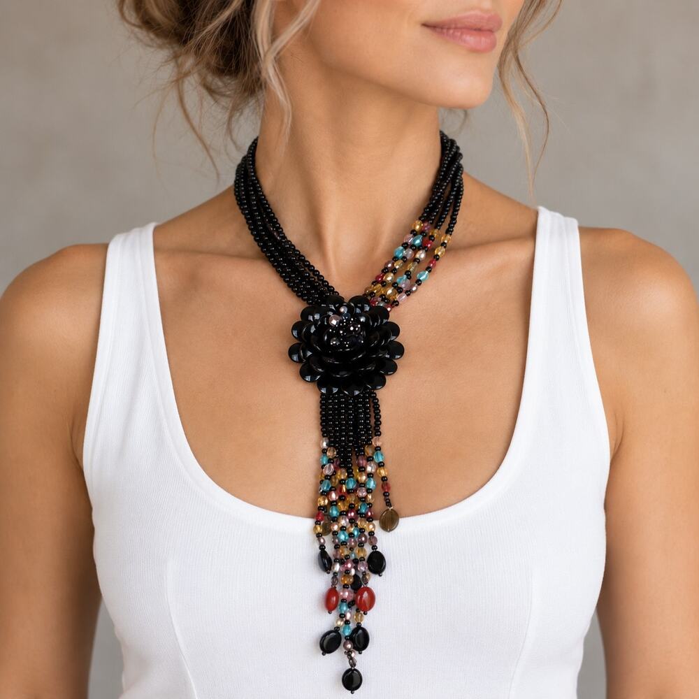Joan Rivers Black Starlet Flower Cluster Necklace 20"